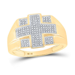 10kt Yellow Gold Men's Round Diamond Cross Ring - A Stunning Symbol of Faith and Style - Splendid Jewellery