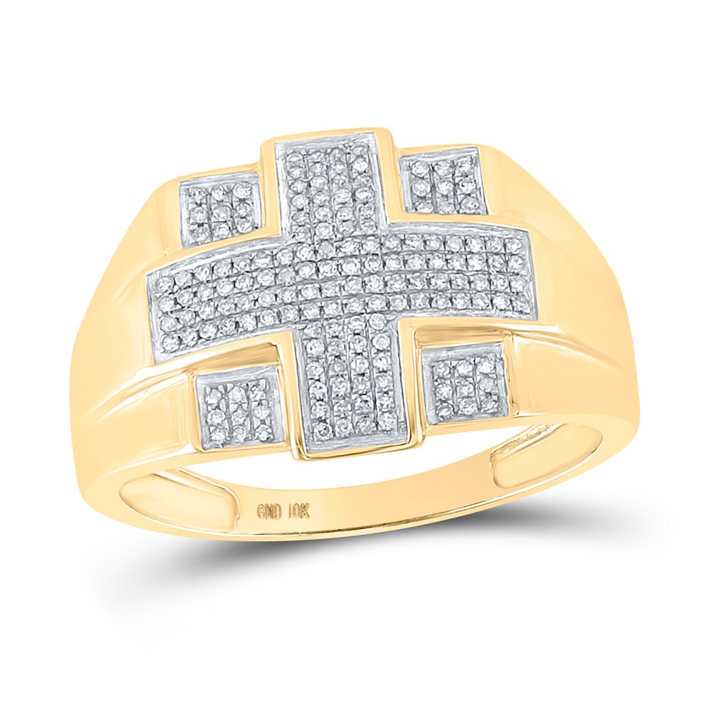 10kt Yellow Gold Men's Round Diamond Cross Ring - A Stunning Symbol of Faith and Style - Splendid Jewellery