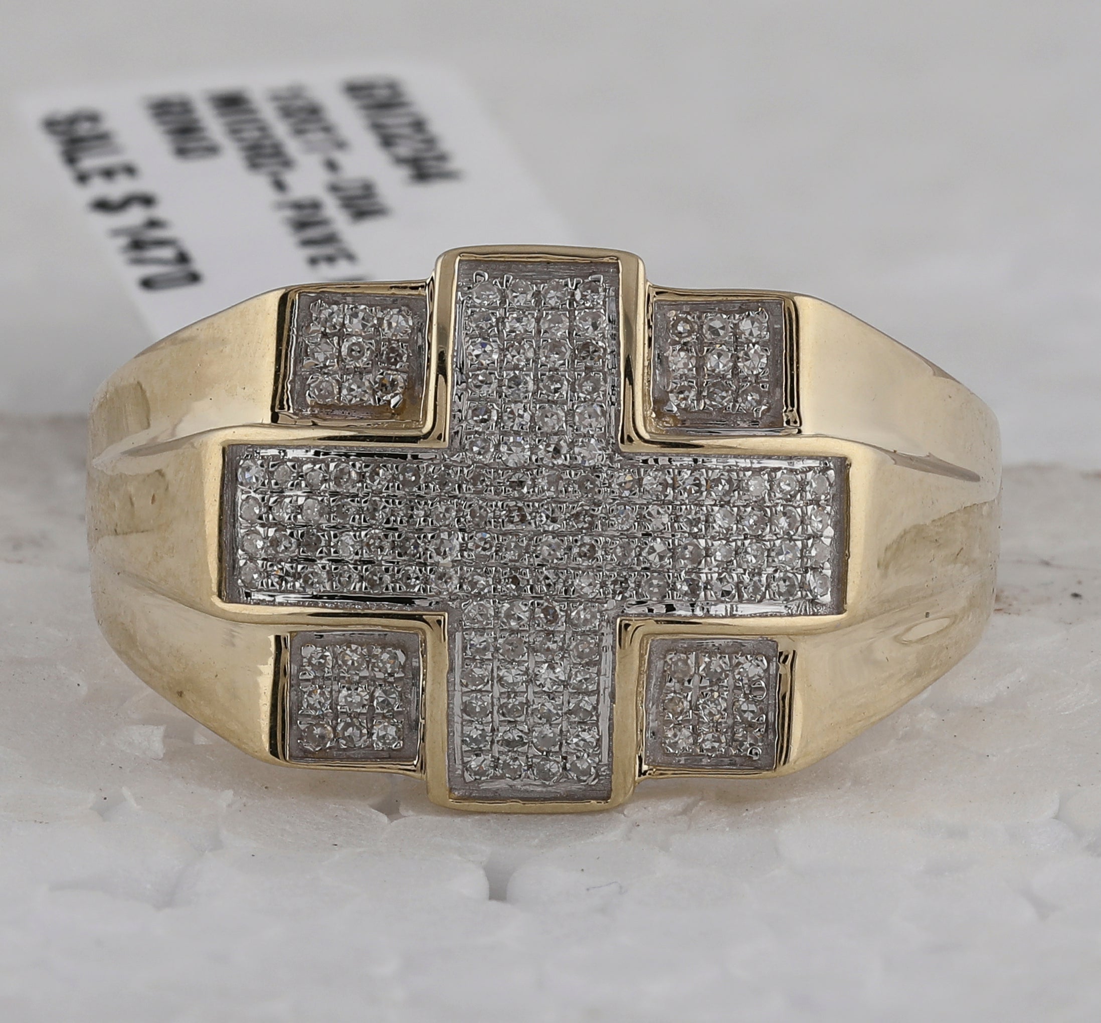 10kt Yellow Gold Men's Round Diamond Cross Ring - A Stunning Symbol of Faith and Style - Splendid Jewellery