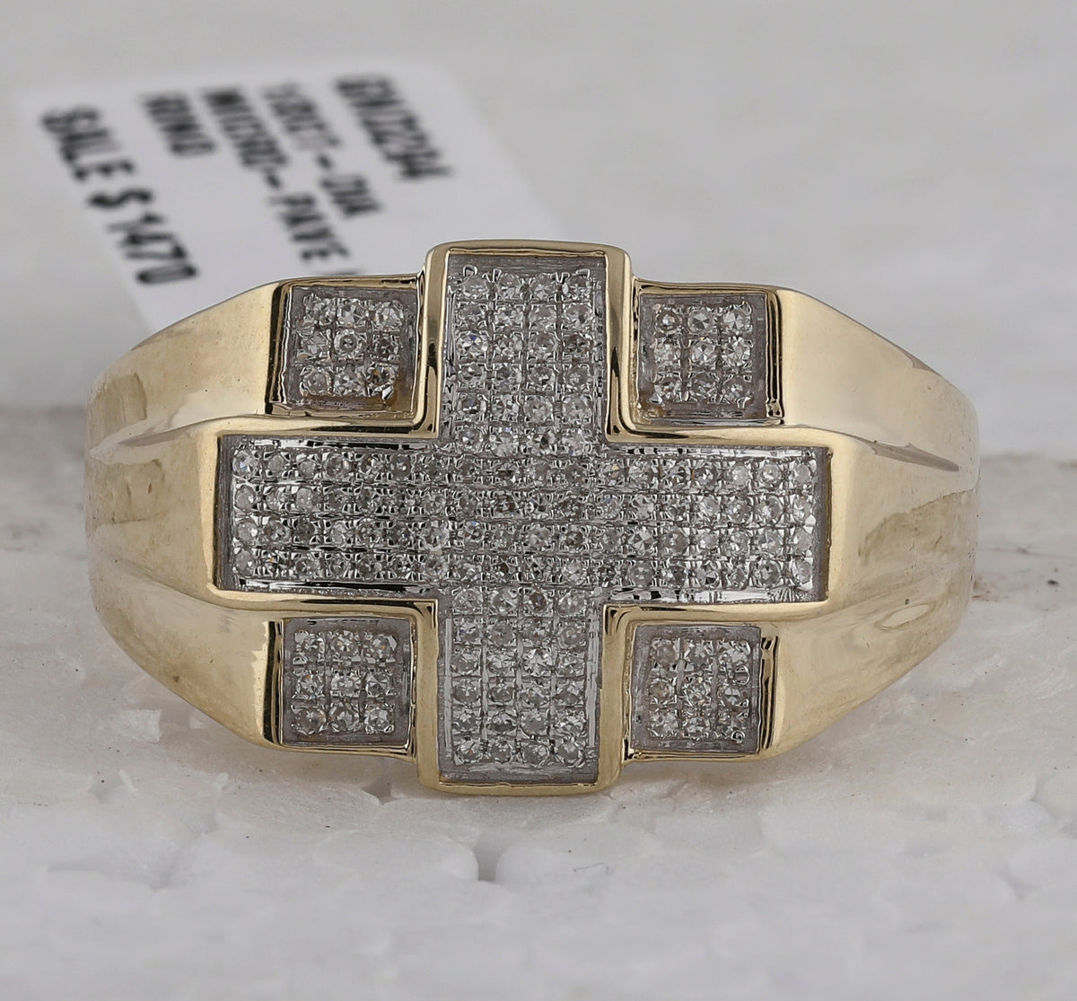 10kt Yellow Gold Men's Round Diamond Cross Ring - A Stunning Symbol of Faith and Style - Splendid Jewellery