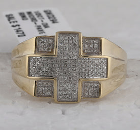 10kt Yellow Gold Men's Round Diamond Cross Ring - A Stunning Symbol of Faith and Style - Splendid Jewellery