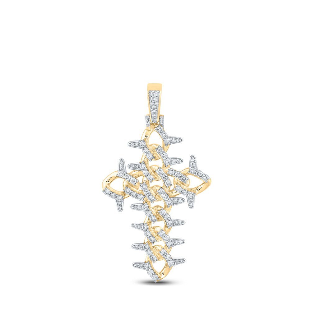 10kt Yellow Gold Men's Round Diamond Cuban Link Cross Charm Pendant - 1 - 1/2 Cttw | Splendid Jewellery - Splendid Jewellery