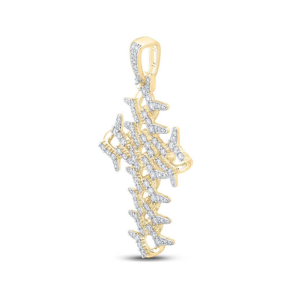 10kt Yellow Gold Men's Round Diamond Cuban Link Cross Charm Pendant - 1 - 1/2 Cttw | Splendid Jewellery - Splendid Jewellery