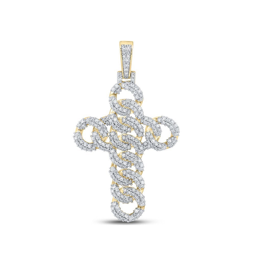 10kt Yellow Gold Men's Round Diamond Cuban Link Cross Charm Pendant - 1 - 7/8 Cttw | Splendid Jewellery - Splendid Jewellery