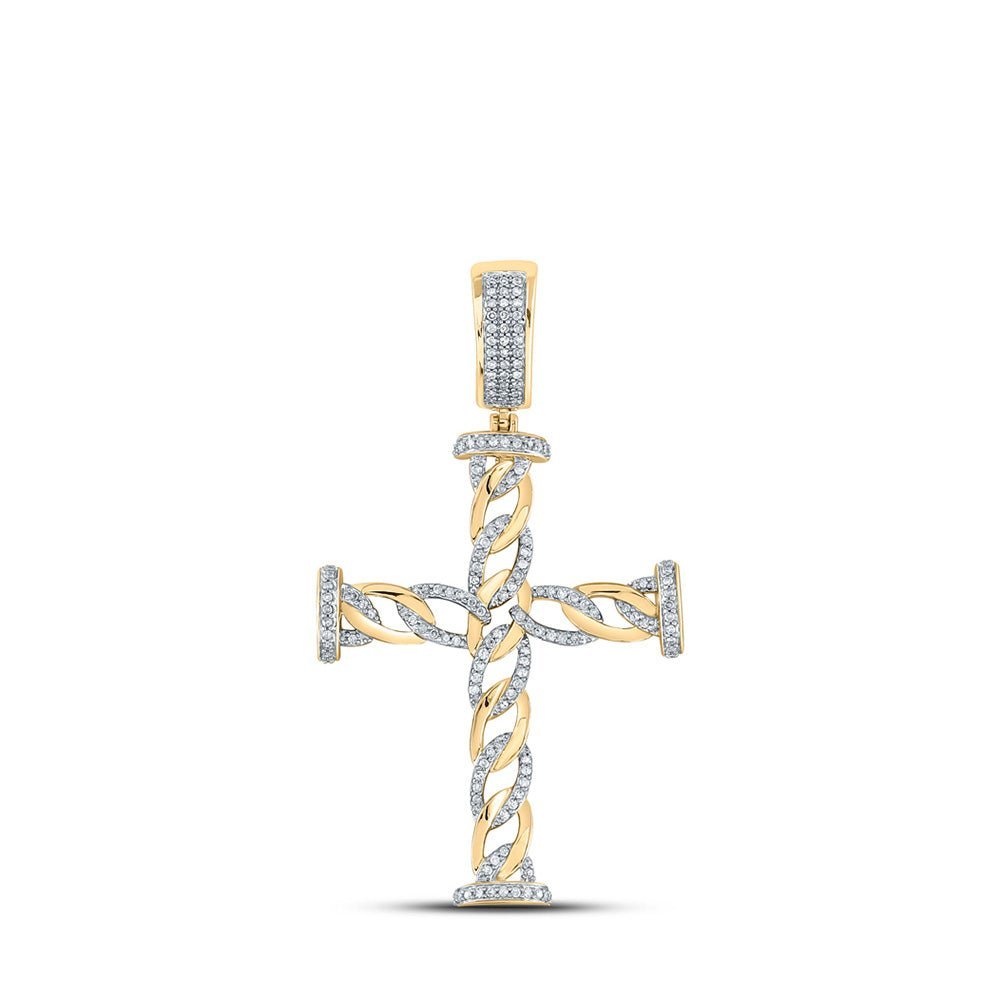 10kt Yellow Gold Men's Round Diamond Cuban Link Cross Charm Pendant - 3/8 Cttw | Splendid Jewellery - Splendid Jewellery