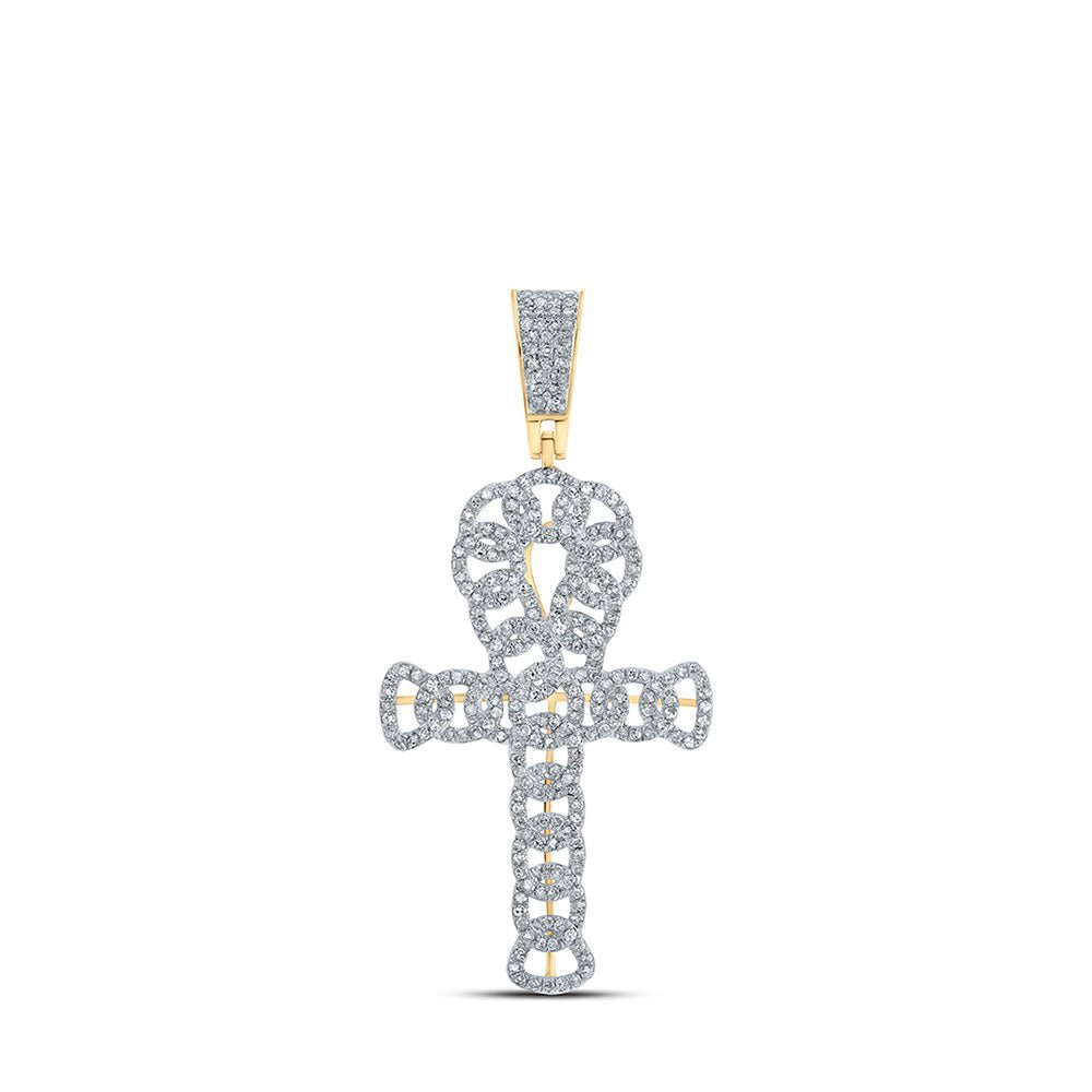 10kt Yellow Gold Men's Round Diamond Curb Ankh Cross Charm Pendant - Exquisite Elegance - Splendid Jewellery