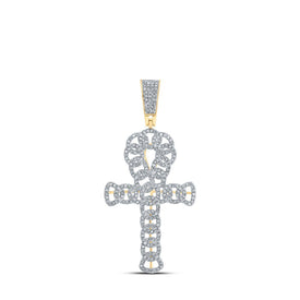 10kt Yellow Gold Men's Round Diamond Curb Ankh Cross Charm Pendant - Exquisite Elegance - Splendid Jewellery