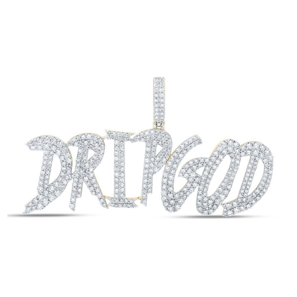 10kt Yellow Gold Mens Round Diamond DRIP GOD Phrase Charm Pendant - 6 - 5/8 Cttw - Splendid Jewellery