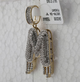 10kt Yellow Gold Men's Round Diamond Drip M Letter Charm Pendant - 5/8 Cttw | Splendid Jewellery product Side View from Splendid Jewellery