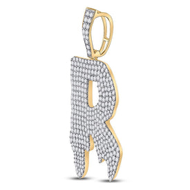 10kt Yellow Gold Men's Round Diamond Drip R Letter Charm Pendant - 3 Cttw | Splendid Jewellery product Side View from Splendid Jewellery