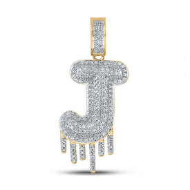 10kt Yellow Gold Men's Round Diamond Dripping J Letter Charm Pendant - 5/8 Cttw - Splendid Jewellery