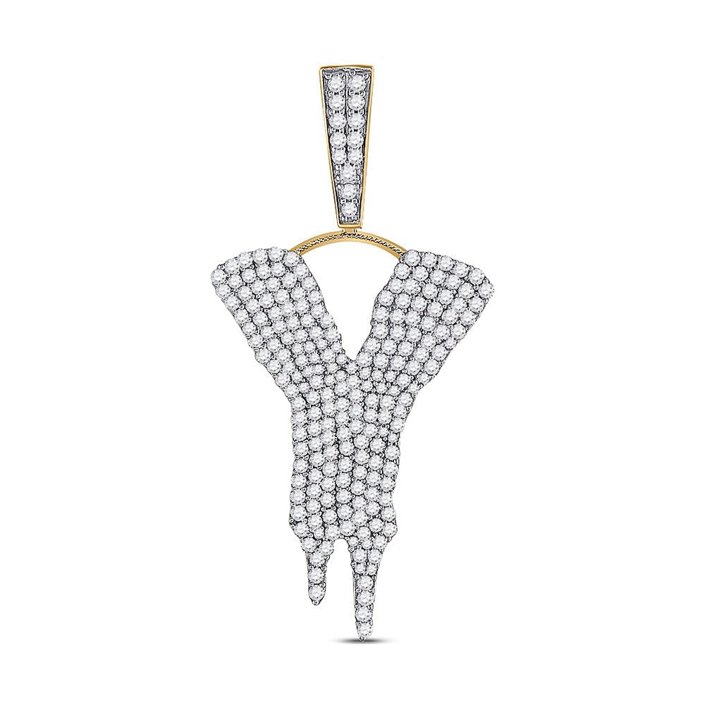 10kt Yellow Gold Men's Round Diamond Dripping Y Letter Charm Pendant - 2 - 1/3 Cttw - Splendid Jewellery
