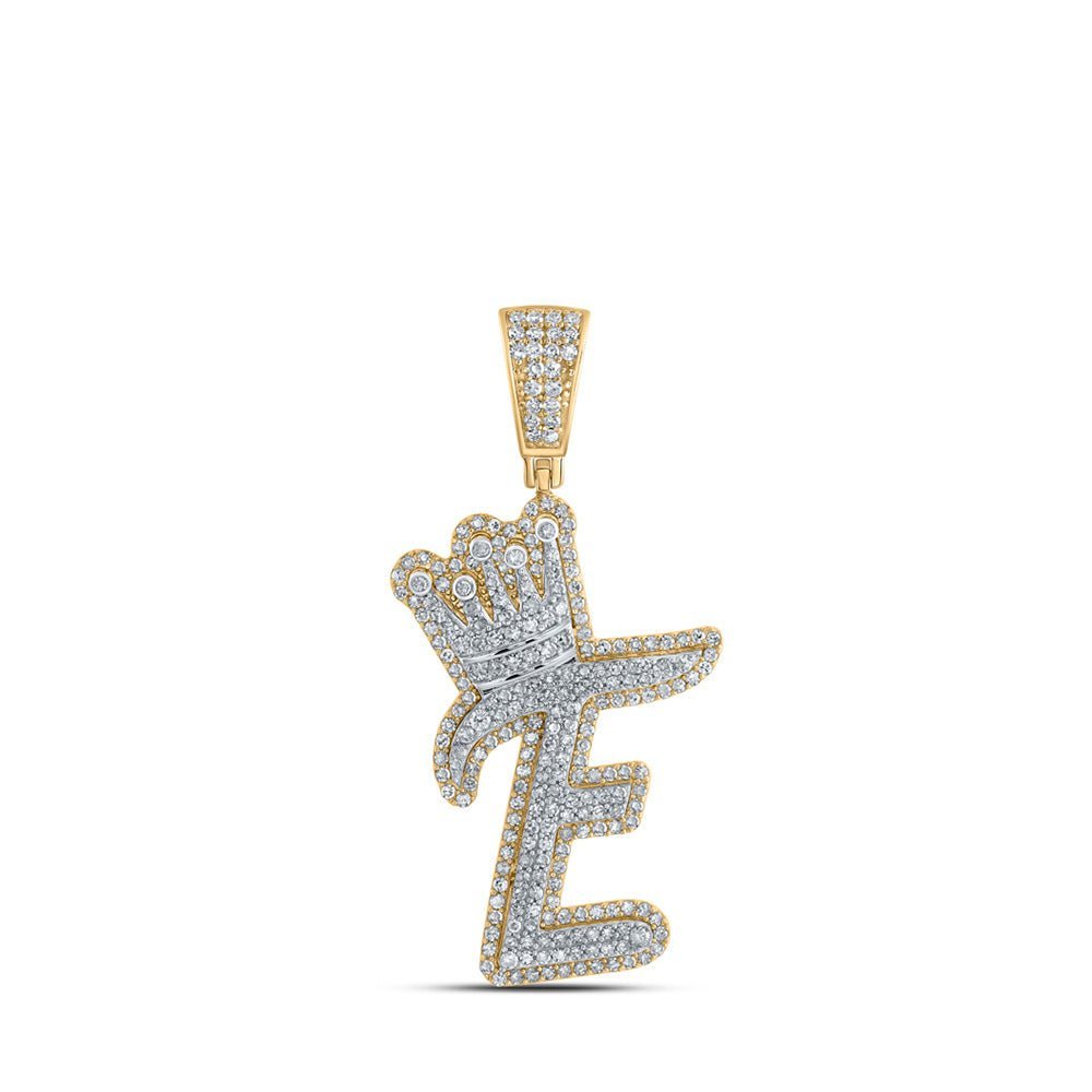 10kt Yellow Gold Men's Round Diamond E Crown Letter Charm Pendant - 1 - 1/5 Cttw - Splendid Jewellery