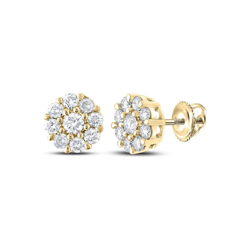 10kt Yellow Gold Men's Round Diamond Flower Cluster Earrings - Captivating Brilliance - Splendid Jewellery