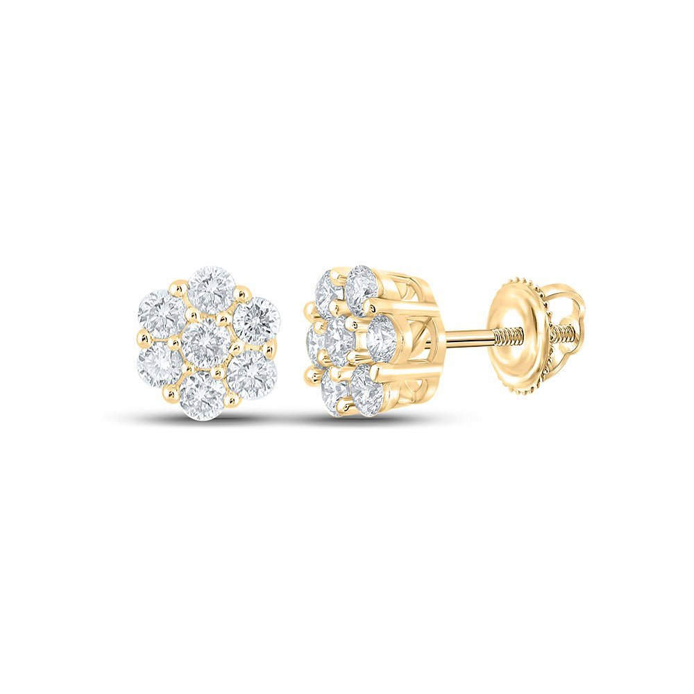 10kt Yellow Gold Men's Round Diamond Flower Cluster Earrings - Dazzling Floral Brilliance - Splendid Jewellery