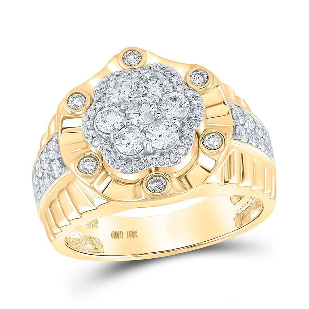 10kt Yellow Gold Men's Round Diamond Flower Cluster Ring 1 - 1/2 Cttw - Exquisite Floral Brilliance - Splendid Jewellery