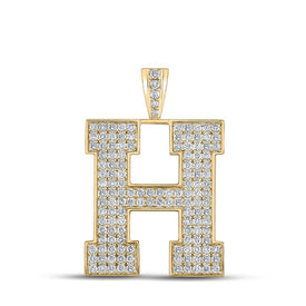 10kt Yellow Gold Men's Round Diamond H Initial Letter Charm Pendant - 2 - 1/3 Cttw - Splendid Jewellery