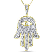 Load image into Gallery viewer, 10kt Yellow Gold Men's Round Diamond Hamsa Hand Eye Fatima Charm Pendant - 1 Cttw | Splendid Jewellery product Side View from Splendid Jewellery