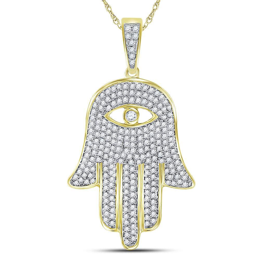 10kt Yellow Gold Men's Round Diamond Hamsa Hand Eye Fatima Charm Pendant - 1 Cttw | Splendid Jewellery - Splendid Jewellery