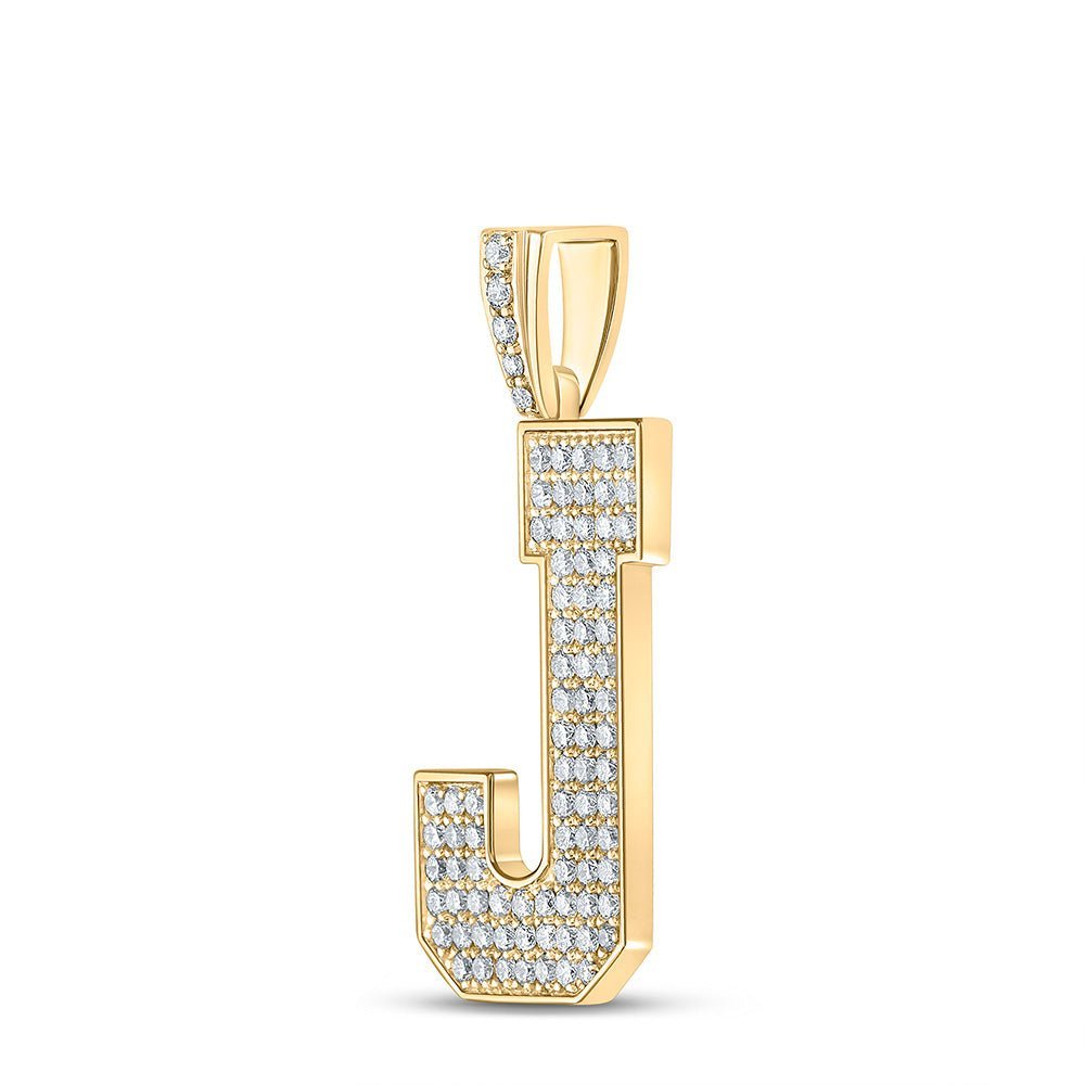 10kt Yellow Gold Men's Round Diamond J Initial Letter Charm Pendant 1 - 3/8 Cttw - Exquisite Masculine Elegance - Splendid Jewellery