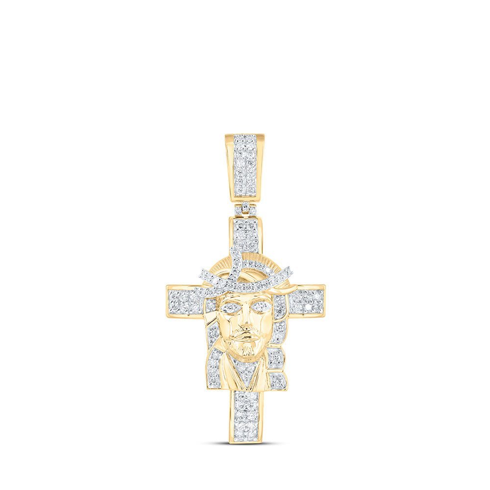10kt Yellow Gold Men's Round Diamond Jesus Cross Charm Pendant - 1 Cttw - Splendid Jewellery