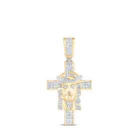 10kt Yellow Gold Men's Round Diamond Jesus Cross Charm Pendant - 1 Cttw - Splendid Jewellery