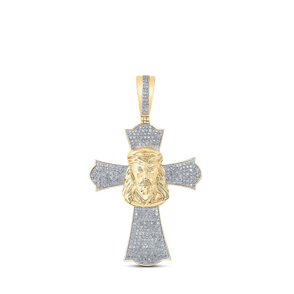 10kt Yellow Gold Men's Round Diamond Jesus Cross Charm Pendant - 1 Cttw - Splendid Jewellery