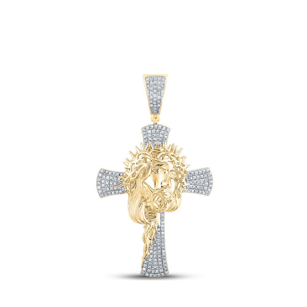 10kt Yellow Gold Men's Round Diamond Jesus Cross Charm Pendant - 1/2 Cttw - Splendid Jewellery