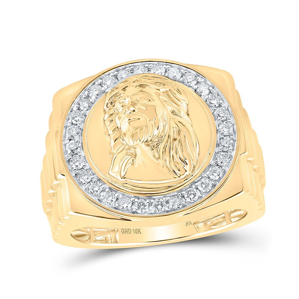 10kt Yellow Gold Mens Round Diamond Jesus Face Circle Ring 1/2 Cttw | Divine Glory Men's Ring - Splendid Jewellery