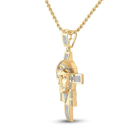 10kt Yellow Gold Men's Round Diamond Jesus Face Cross Charm Pendant - 1 - 1/4 Cttw | Splendid Jewellery - Splendid Jewellery
