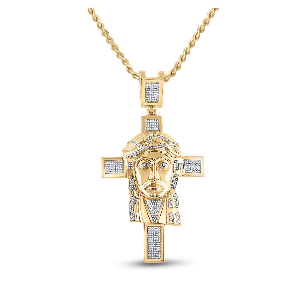 10kt Yellow Gold Men's Round Diamond Jesus Face Cross Charm Pendant - 1 - 1/4 Cttw | Splendid Jewellery - Splendid Jewellery