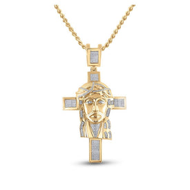 10kt Yellow Gold Men's Round Diamond Jesus Face Cross Charm Pendant - 1 - 1/4 Cttw | Splendid Jewellery - Splendid Jewellery