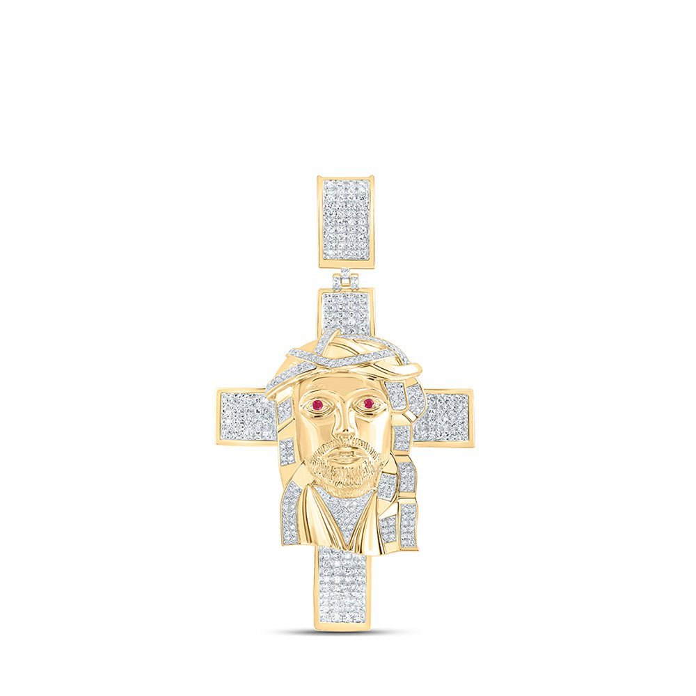 10kt Yellow Gold Mens Round Diamond Jesus Face Cross Charm Pendant 1 Cttw - Splendid Jewellery