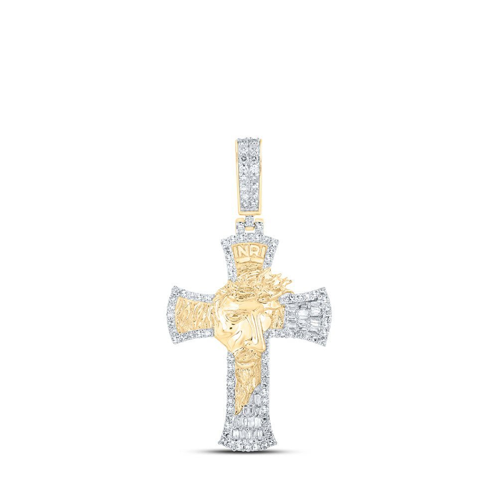 10kt Yellow Gold Men's Round Diamond Jesus Face Cross Charm Pendant 3/4 Cttw - A Divine Statement Piece - Splendid Jewellery