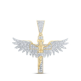 10kt Yellow Gold Men's Round Diamond Jesus Wings Cross Charm Pendant 1 Cttw - A Divine Statement Piece - Splendid Jewellery