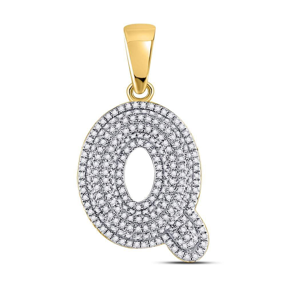 10kt Yellow Gold Men's Round Diamond Letter Q Bubble Initial Charm Pendant - Stunning Diamond Accent Pendant for Men - Splendid Jewellery