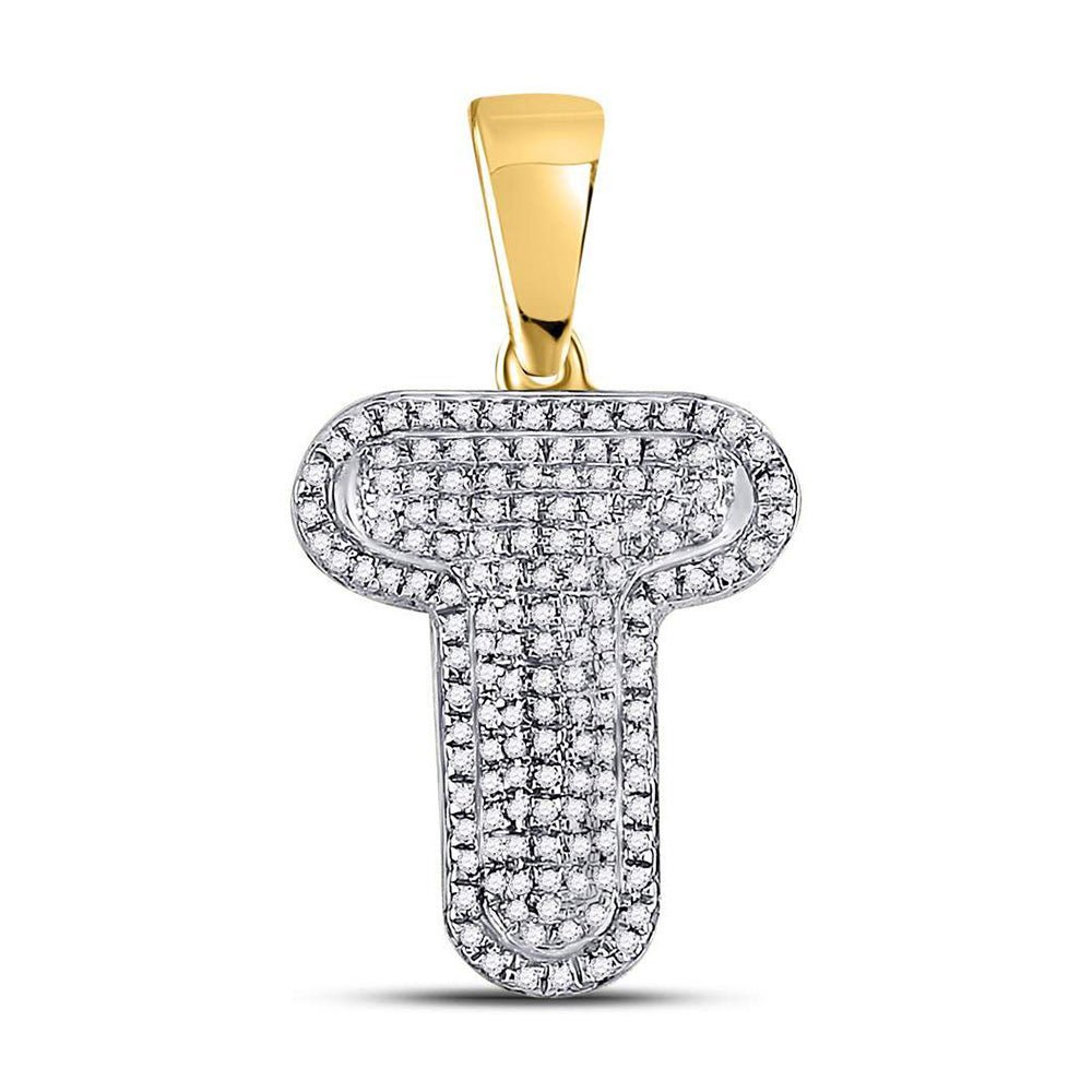 10kt Yellow Gold Men's Round Diamond Letter T Bubble Initial Charm Pendant - 3/8 Cttw - Splendid Jewellery