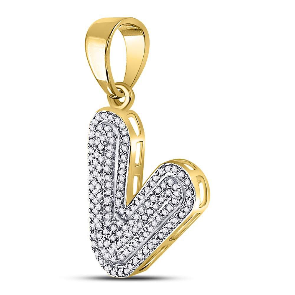 10kt Yellow Gold Men's Round Diamond Letter V Bubble Initial Charm Pendant 3/8 Cttw | Splendid Jewellery - Splendid Jewellery
