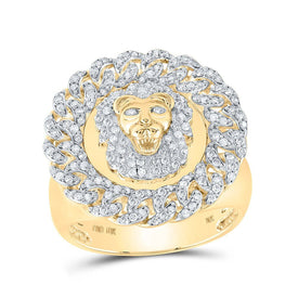 10kt Yellow Gold Men's Round Diamond Lion Cuban Link Circle Ring 7/8 Cttw | Majestic Men's Jewelry - Splendid Jewellery