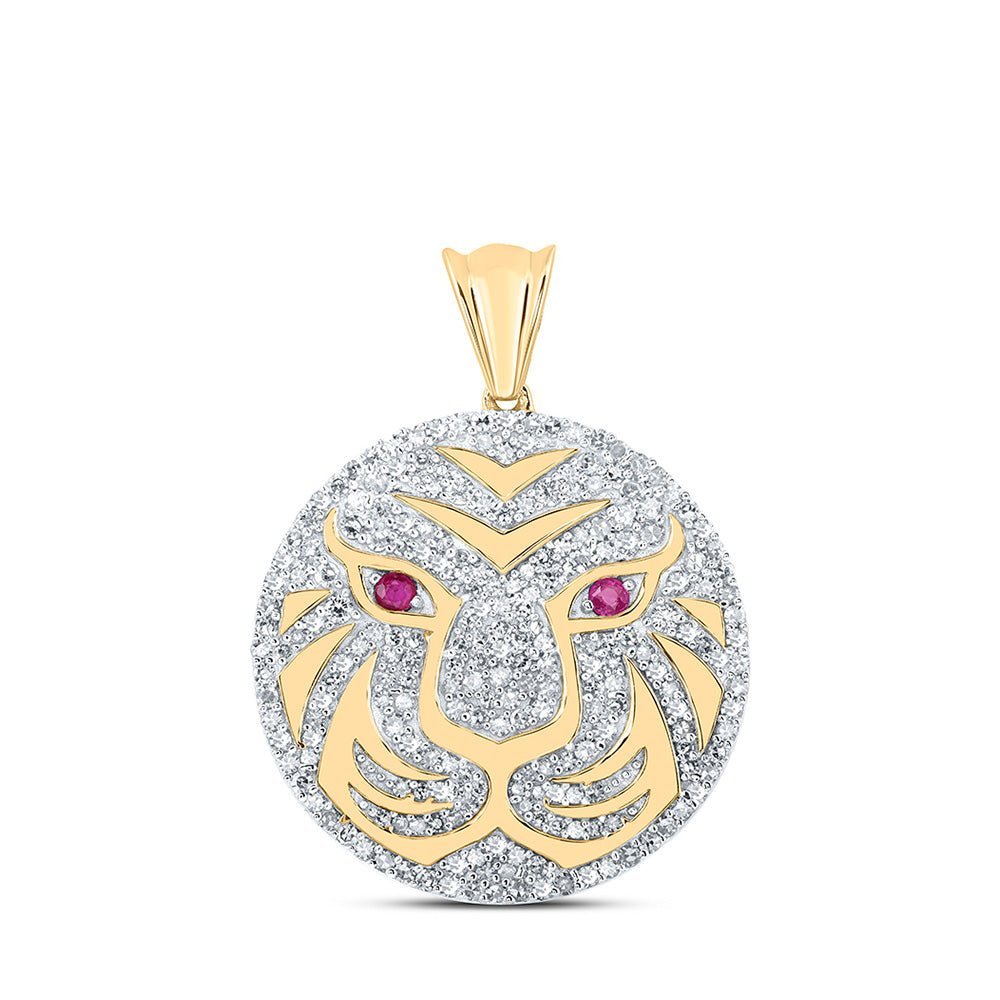 10kt Yellow Gold Men's Round Diamond Lion Face Circle Charm Pendant - 1 Cttw | Splendid Jewellery - Splendid Jewellery