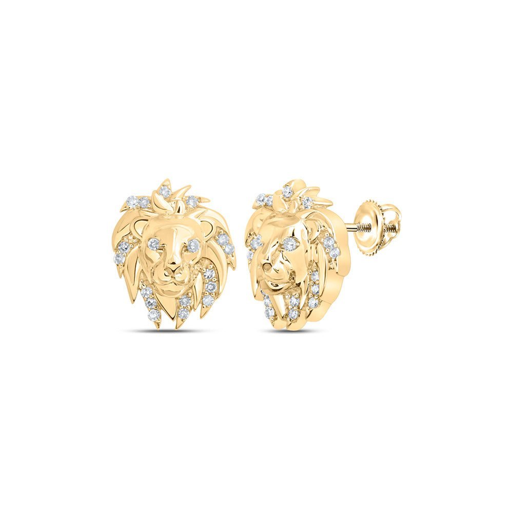 10kt Yellow Gold Men's Round Diamond Lion Face Stud Earrings 1/12 Cttw | Majestic Mane Diamond Earrings - Splendid Jewellery