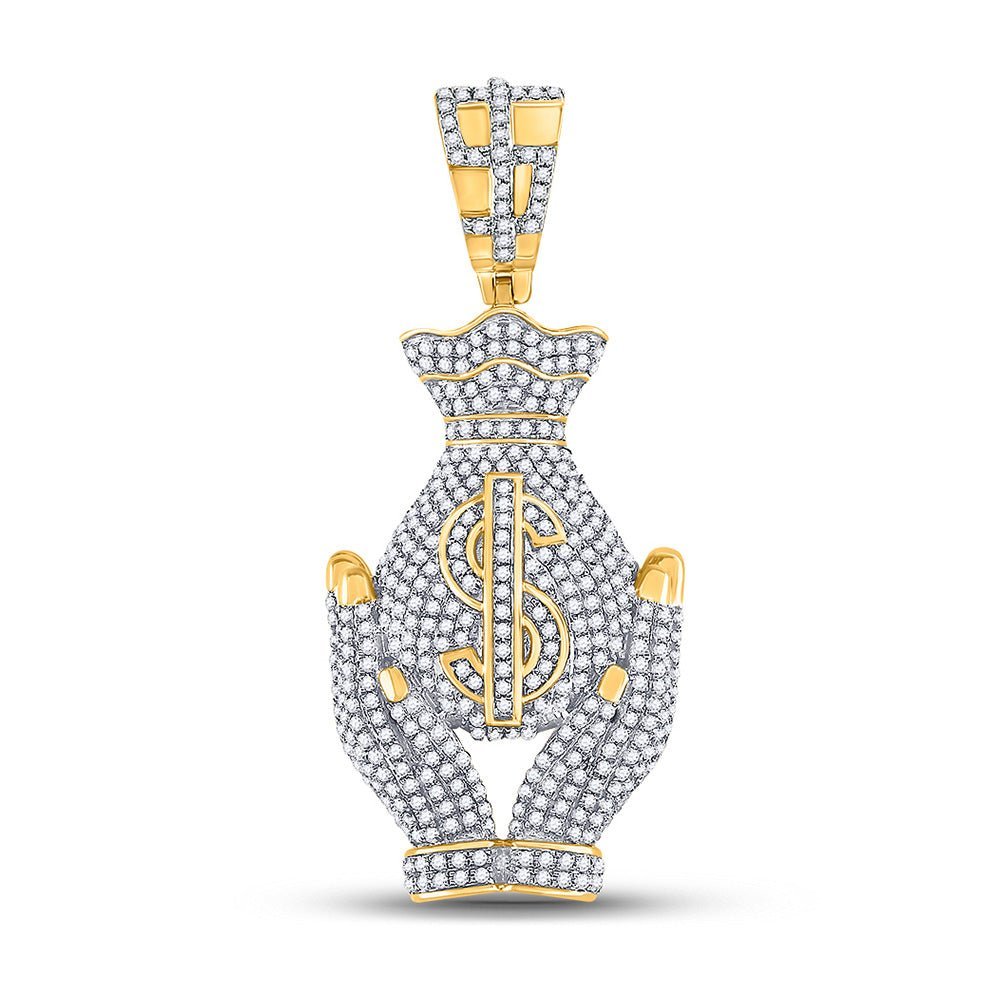 10kt Yellow Gold Men's Round Diamond Money Bag Hands Charm Pendant 1 - 1/3 Cttw | Splendid Jewellery - "Luxurious Men's Diamond Money Bag Hands Charm Pendant" - Splendid Jewellery