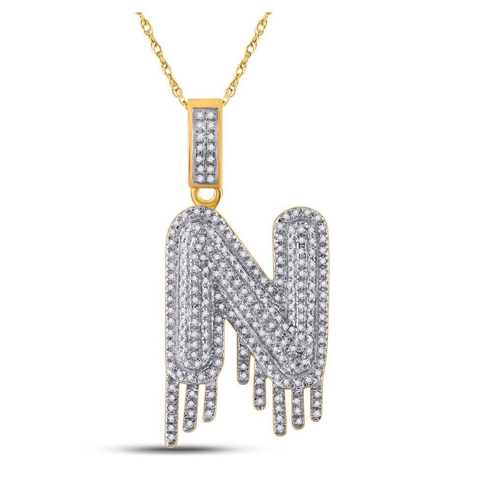 10kt Yellow Gold Men's Round Diamond N Dripping Letter Charm Pendant 3/4 Cttw - Splendid Jewellery