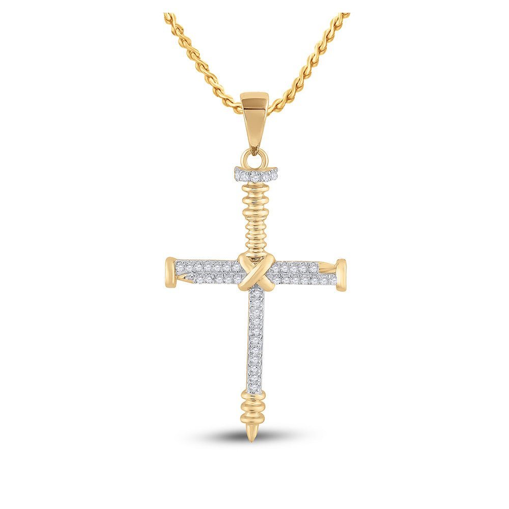 10kt Yellow Gold Men's Round Diamond Nail Cross Charm Pendant 1/5 Cttw - A Captivating Symbol of Faith and Style - Splendid Jewellery