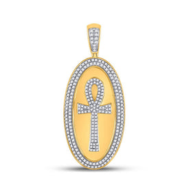 10kt Yellow Gold Men's Round Diamond Oval Ankh Cross Charm Pendant - 2 Cttw | Splendid Jewellery - Splendid Jewellery