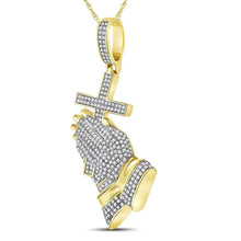 Load image into Gallery viewer, 10kt Yellow Gold Men's Round Diamond Praying Hands Cross Charm Pendant - 7/8 Cttw - Splendid Jewellery - Splendid Jewellery