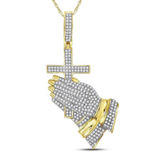 Load image into Gallery viewer, 10kt Yellow Gold Men's Round Diamond Praying Hands Cross Charm Pendant - 7/8 Cttw - Splendid Jewellery product  Top View from Splendid Jewellery