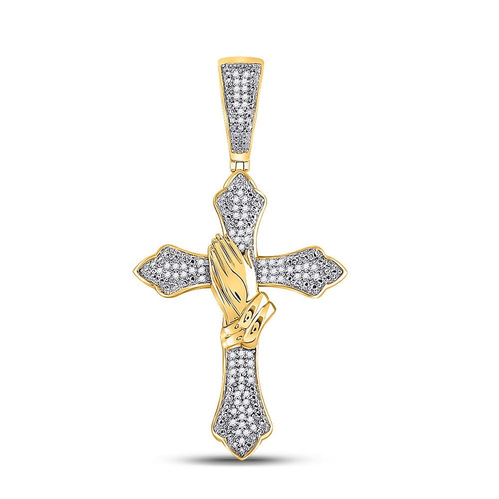 10kt Yellow Gold Men's Round Diamond Praying Hands Gothic Cross Charm Pendant 1/4 Cttw - A Heavenly Touch of Elegance - Splendid Jewellery