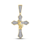 10kt Yellow Gold Men's Round Diamond Praying Hands Gothic Cross Charm Pendant 1/4 Cttw - A Heavenly Touch of Elegance - Splendid Jewellery