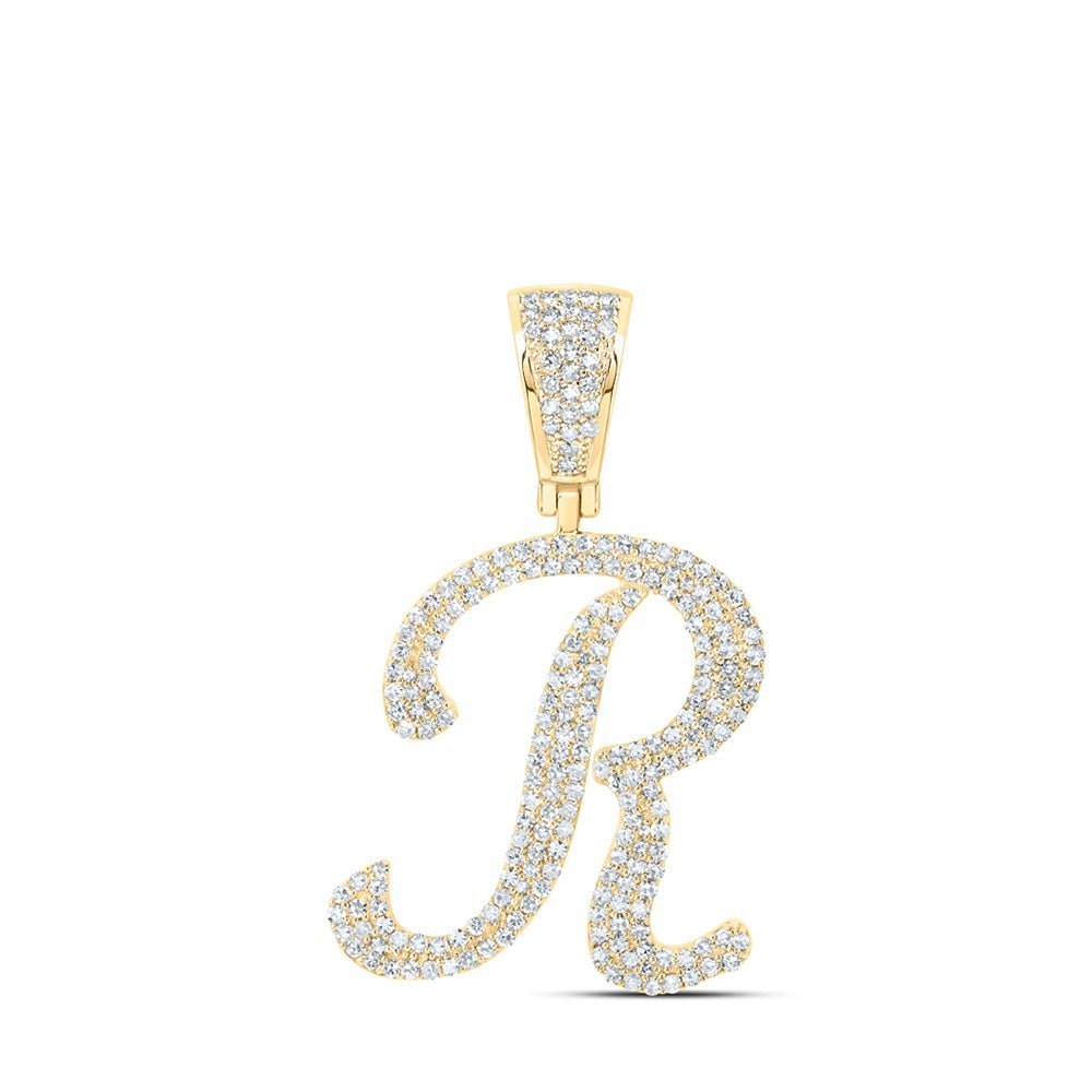 10kt Yellow Gold Mens Round Diamond R Initial Letter Charm Pendant - 1 Cttw - Splendid Jewellery